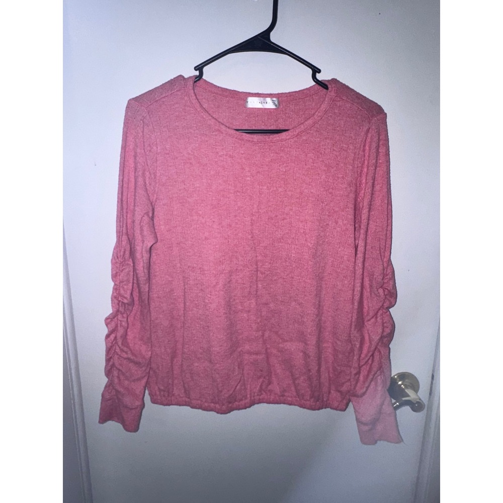 Retrology Womens Pink Ribbed Knit Ruched Long Sleeve Top Medium